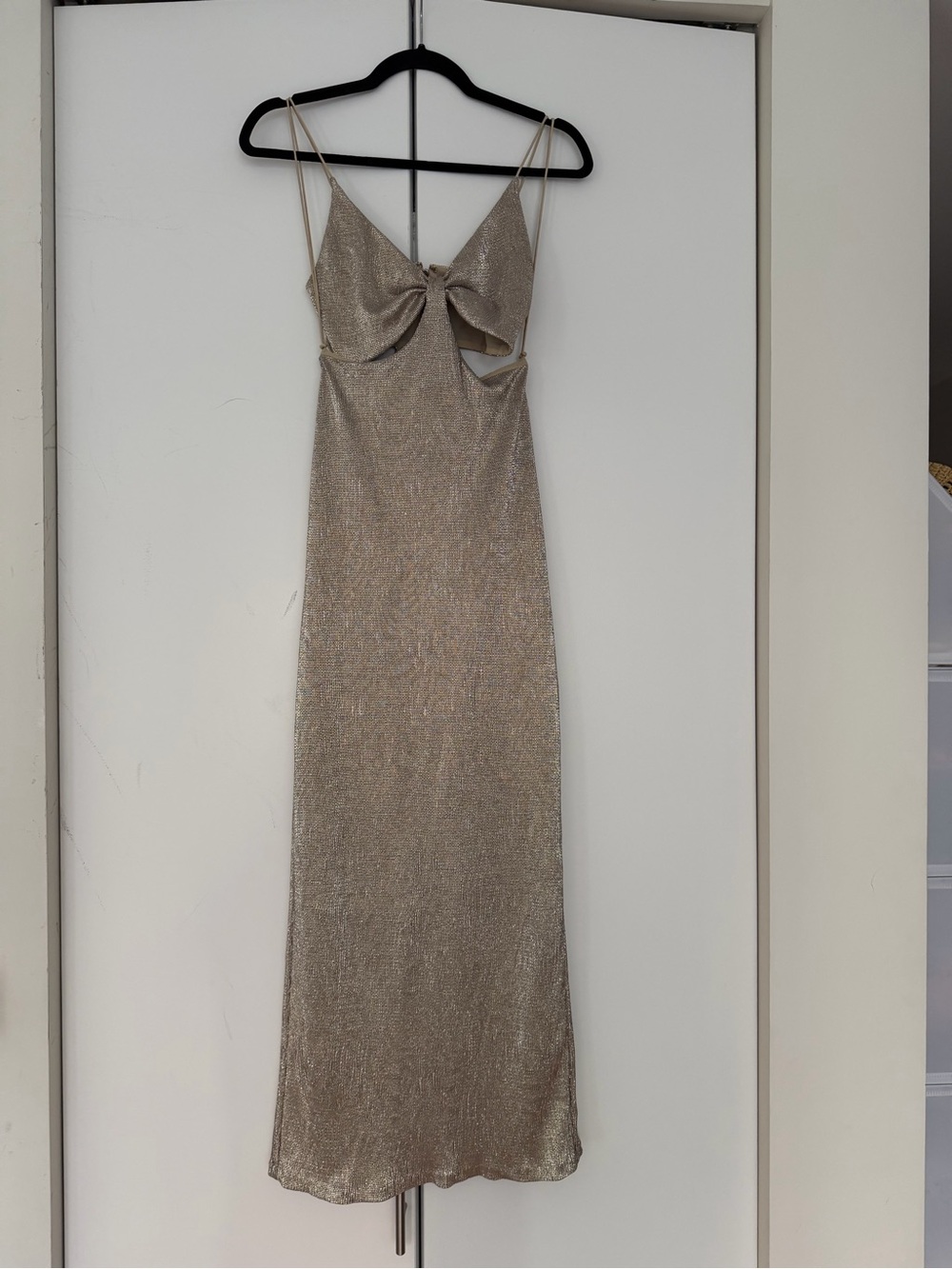 Alice + Olivia Metallic Champagne Slip Maxi Dress with Front Bow